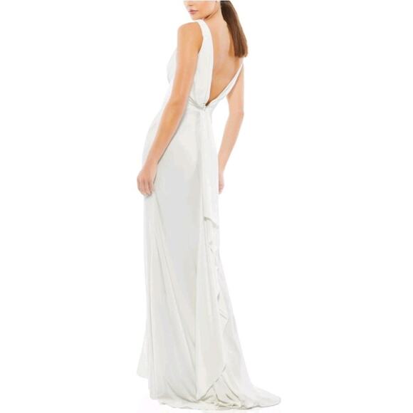Mac Duggal Faux Wrap V-neck Thigh Slit White Cowl Back Bustle Tail Gown sz 6 NWT - Picture 3 of 6